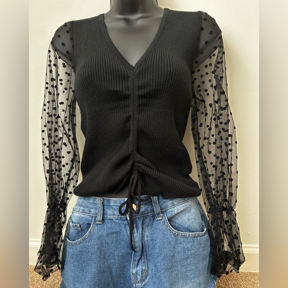 New Look Black Ribbed Knit Top Sheer Polka Dot Puff Sleeves Drawstring Waist